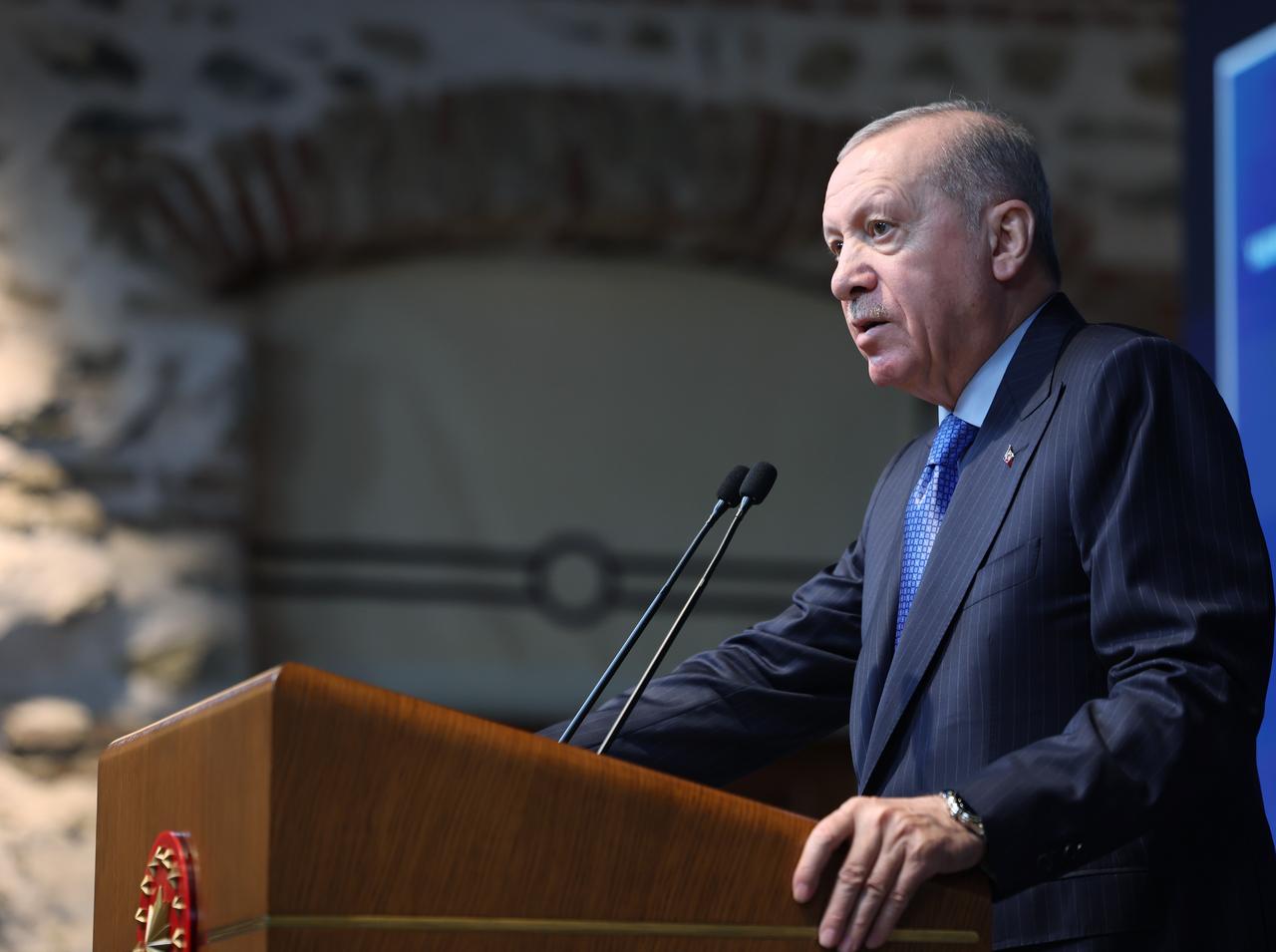President Recep Tayyip Erdogan gives a speech as he attends the Century of Türkiye Strong Hub for Investment Event at the Dolmabahce Presidential Office in Istanbul, Türkiye on April 24, 2026. ( TUR Presidency / Mustafa Kamaci - Anadolu Agency )