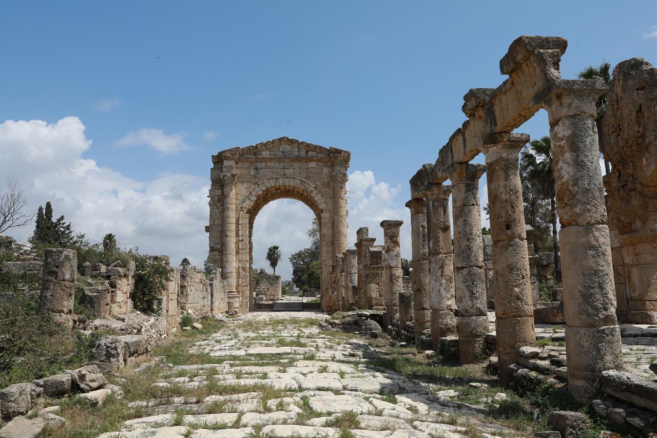 Ancient Roman triumphal arch and colonnaded street at the Al-Bass archaeological site in Tyre, southern Lebanon, where nearby Israeli strikes reportedly caused damage to surrounding structures, April 24, 2026. (AA Photo)