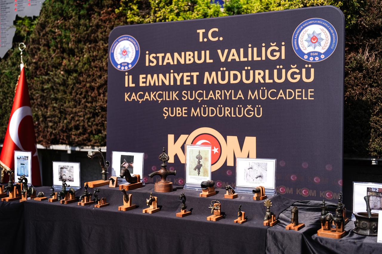 Various historical artifacts recovered in anti-smuggling operations are presented at the Istanbul Police Department in Türkiye, April 24, 2026. (AA Photo)