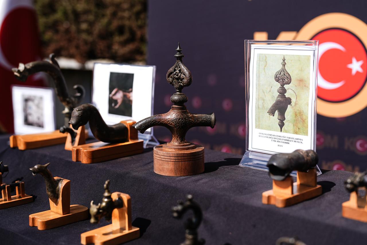 Historical artifacts, including Ottoman-era taps and decorative objects, are displayed after being seized during anti-smuggling operations in Istanbul, Türkiye, April 24, 2026. (AA Photo)