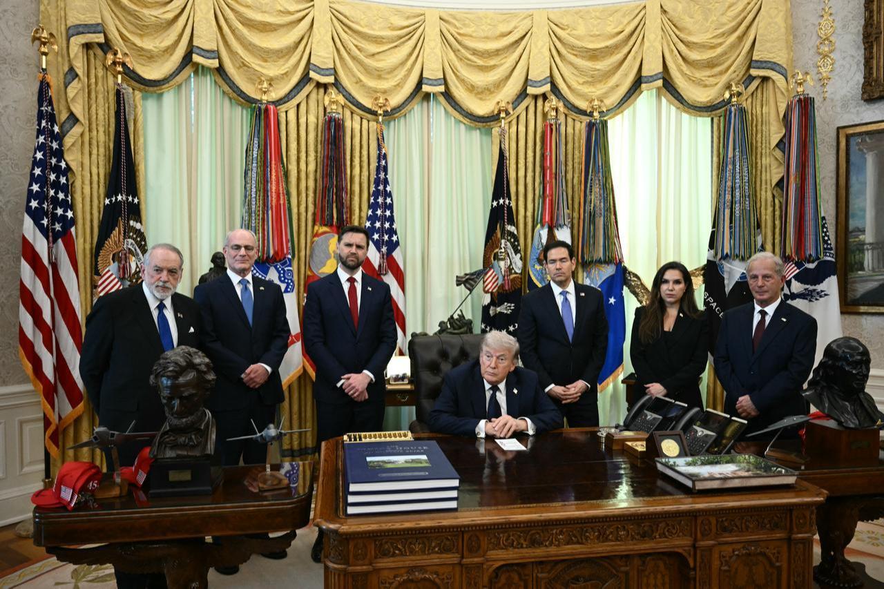 (L-R) US Ambassador to Israel Mike Huckabee, Israel Ambassador to US Yechiel Leiter, US Vice President JD Vance, US President Donald Trump, US Secretary of State Marco Rubio, Lebanon Ambassador to the US Nada Hamadeh Moawad and US Ambassador to Lebanon Michel Issa listen to questions from the media at the White House in Washington, DC, April 23, 2026. (AFP Photo)