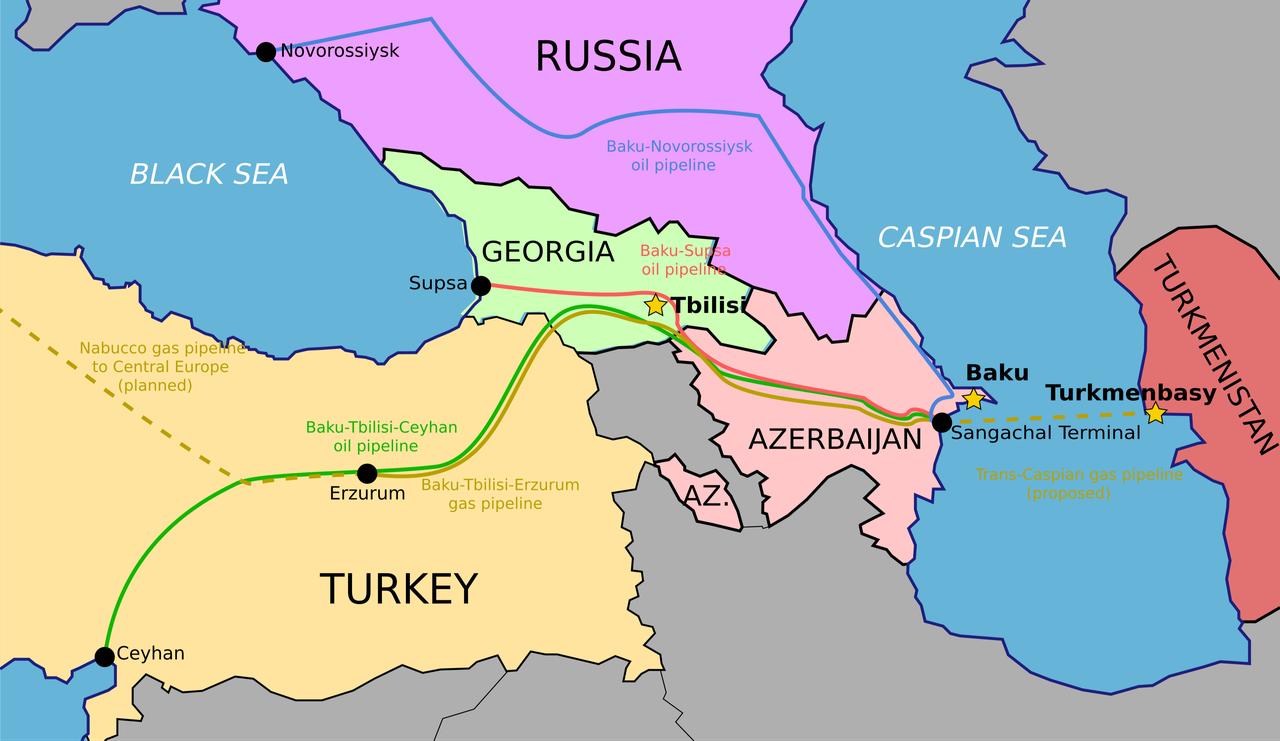 Map highlights the proposed Trans-Caspian pipeline route carrying natural gas from Turkmenistan across the Caspian Sea to Azerbaijan and onward to Europe via Türkiye. (Image via wikimedia.org)