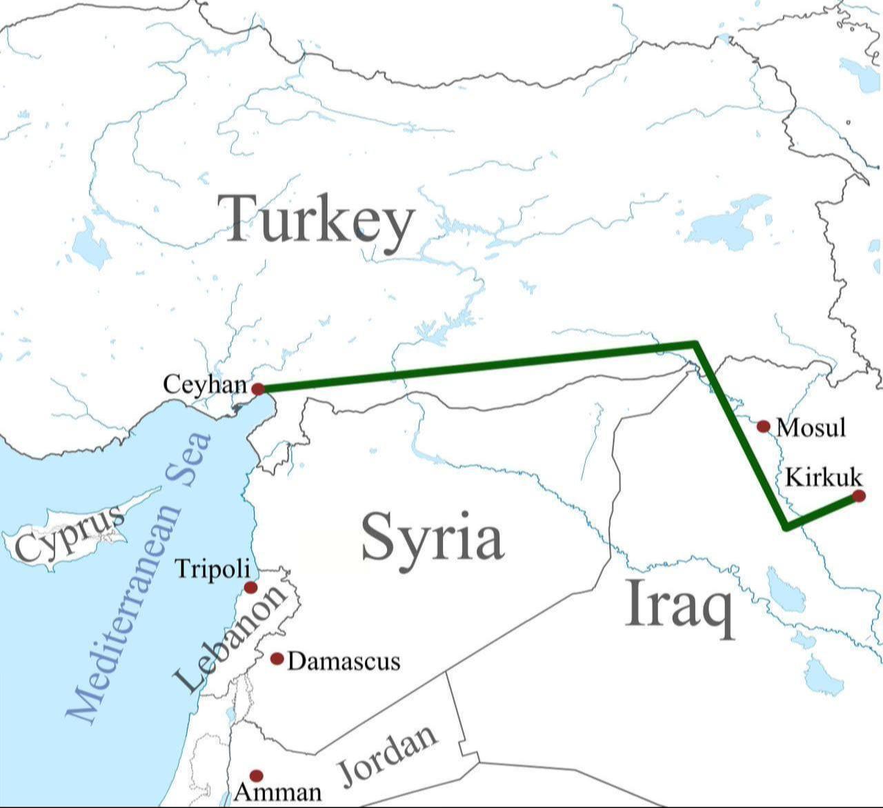 Map shows the Kirkuk-Ceyhan oil pipeline route, which runs from northern Iraq’s oil-rich region of Kirkuk through Mosul to the Turkish port of Ceyhan on the Mediterranean coast. (Image via wikipedia.org)