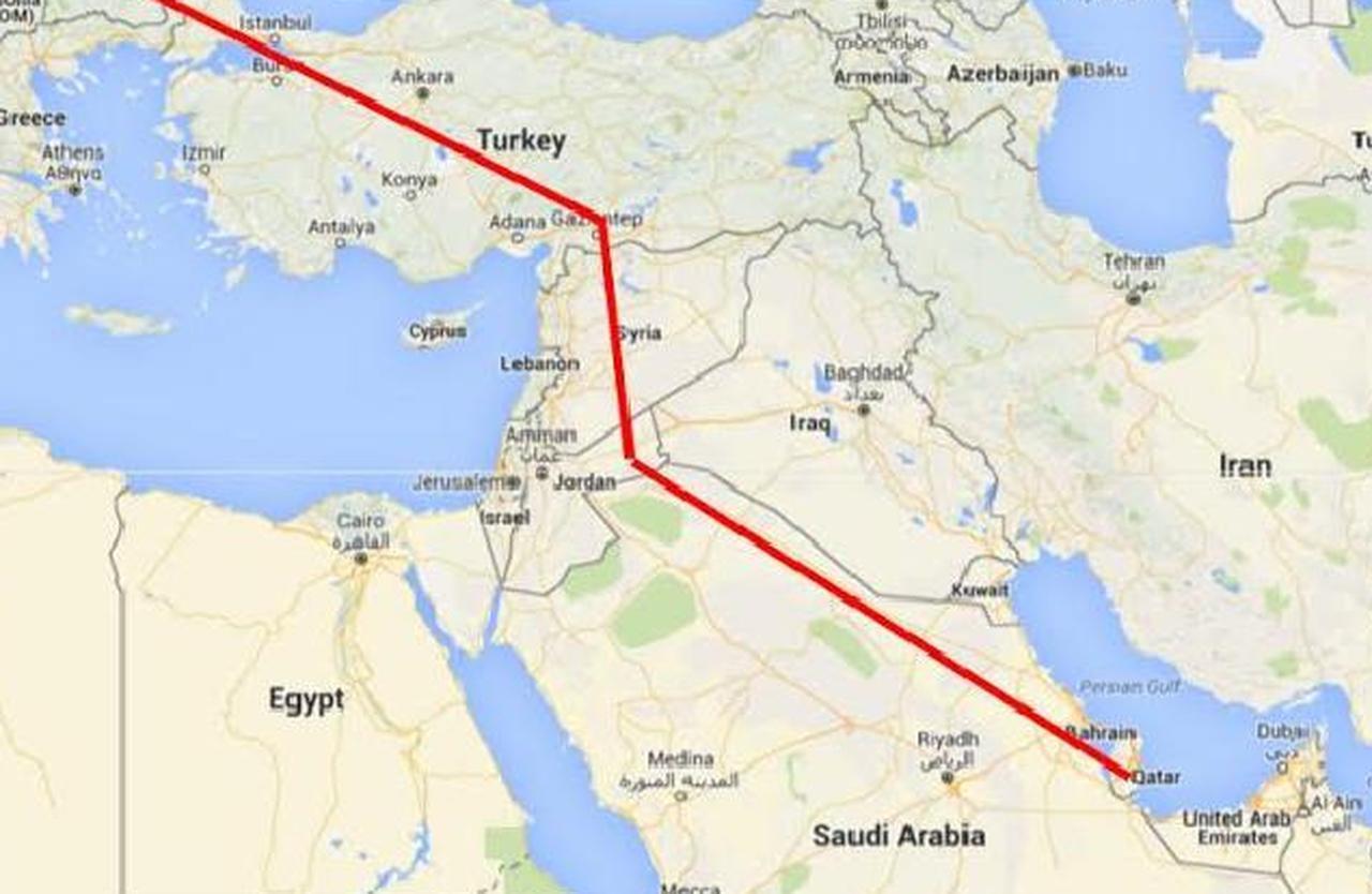 Map illustrates a proposed gas pipeline route linking Qatar to Türkiye. (Photo via wikimedia.org)