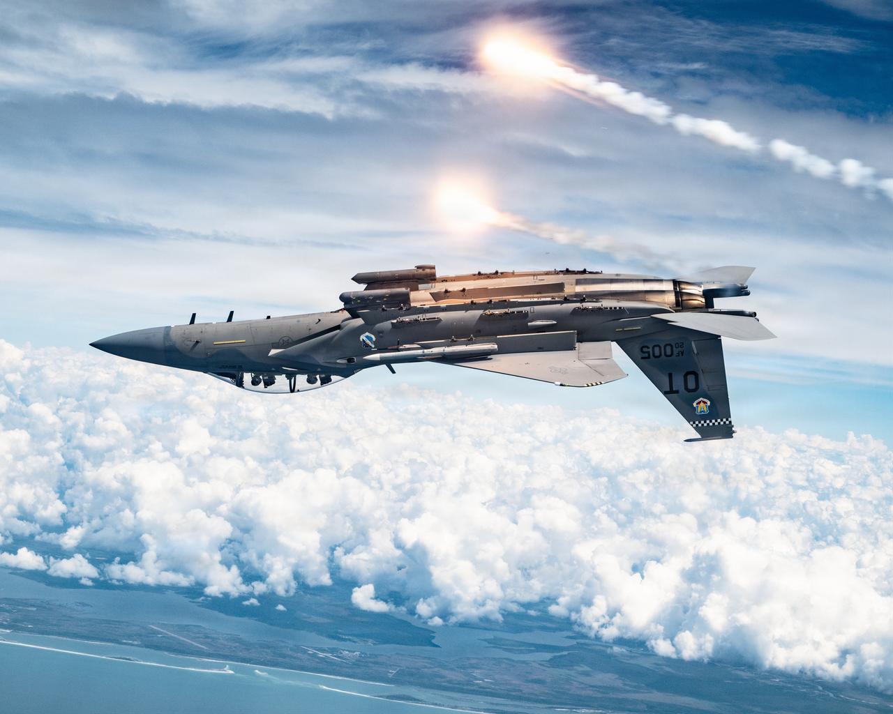 An F-15EX Eagle II releases flares over the Gulf Coast, Fla., April 3, 2026. (Photo via U.S. Air Force)