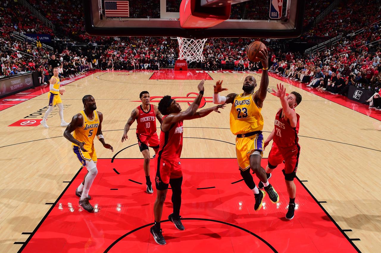 LeBron James #23 of the Los Angeles Lakers drives to the basket during the game against the Houston Rockets during Round 1 Game 3 of the 2026 NBA Playoffs at the Toyota Center in Houston, Texas, April 24, 2026. (AFP Photo)