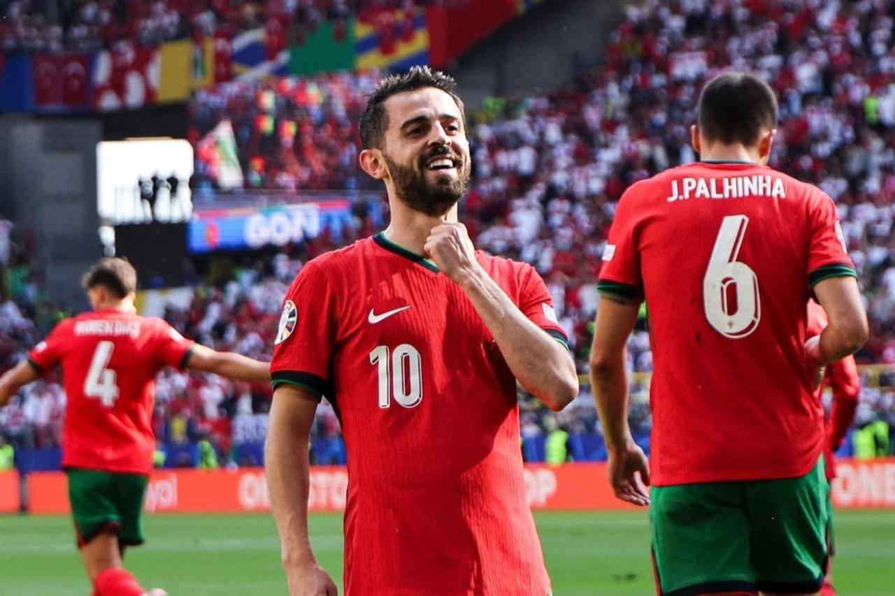 Portuguese national team player Bernardo Silva celebrates after scoring against Türkiye during Euro 2024 on June 22, 2024. (Photo via Instagram / @bernardocarvalhosilva)