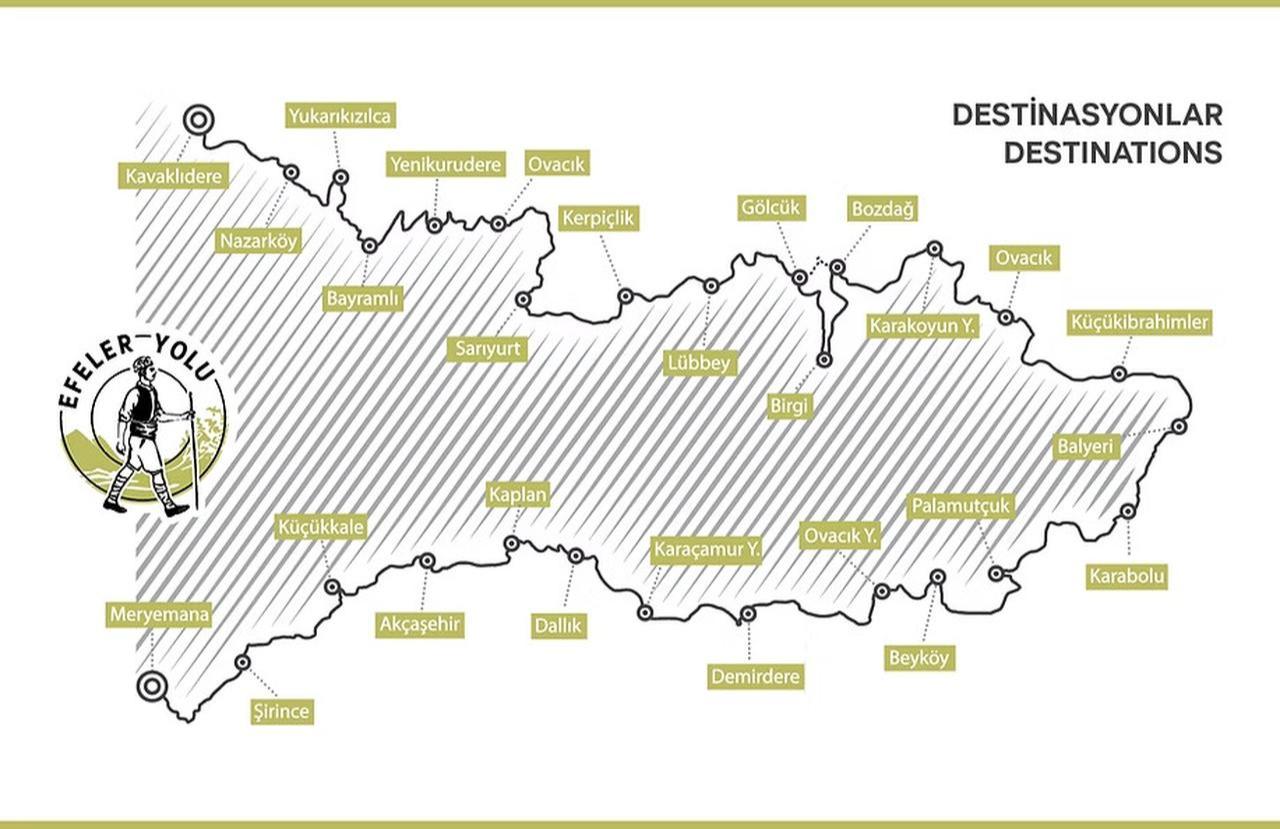 A map showing the destinations along the Efeler Way in Izmir, Türkiye. (Map via efeleryolu.com)