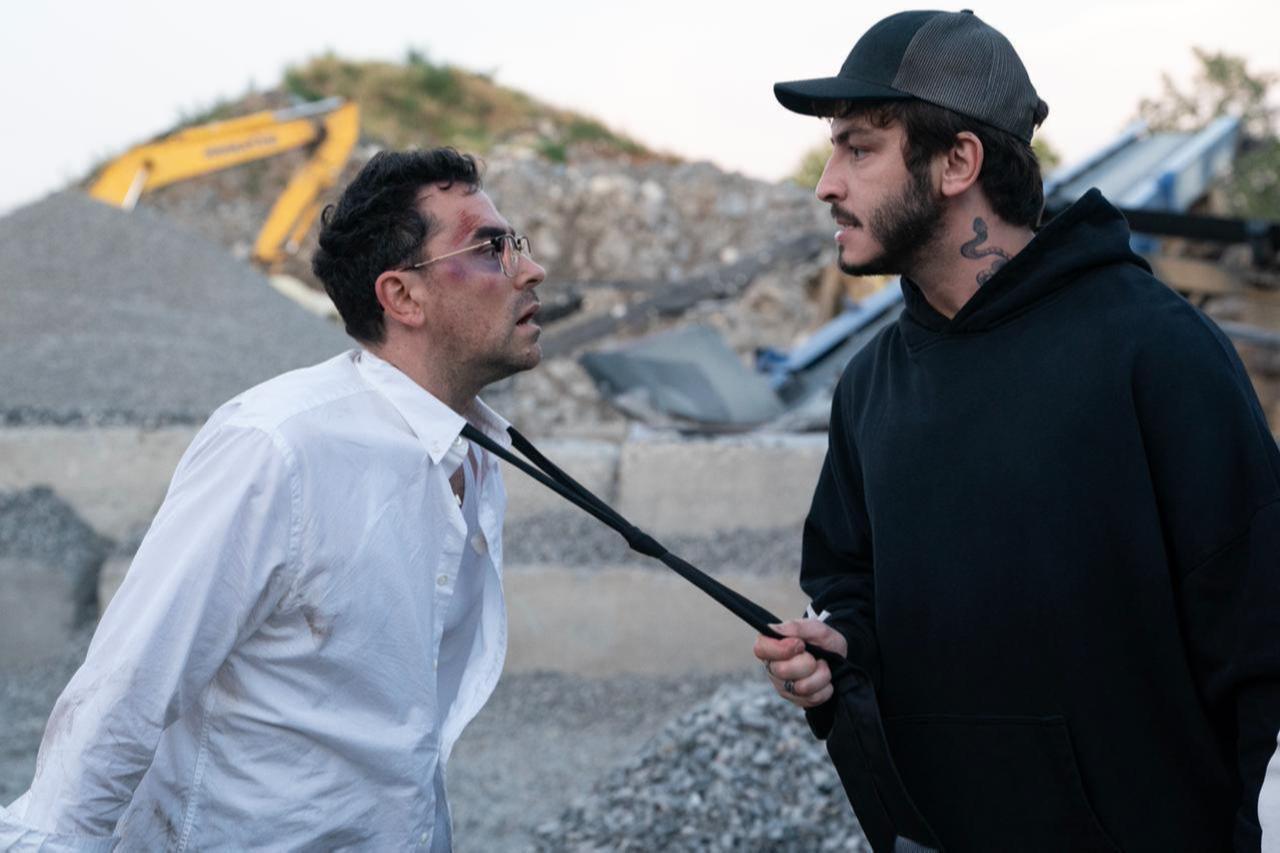 Turkish actor Boran Kuzum as Yusuf confronts Dan Levy as Nicky in a scene of the Netflix crime comedy series "Big Mistakes," March 13, 2026. (Courtesy of BKM)