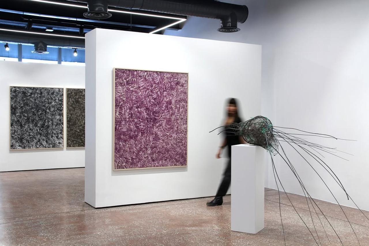 Gallery interior featuring large-scale abstract paintings and a sculptural installation, Istanbul, Türkiye, April 5, 2026. (Photo via Instagram / @shivazahedgallery)