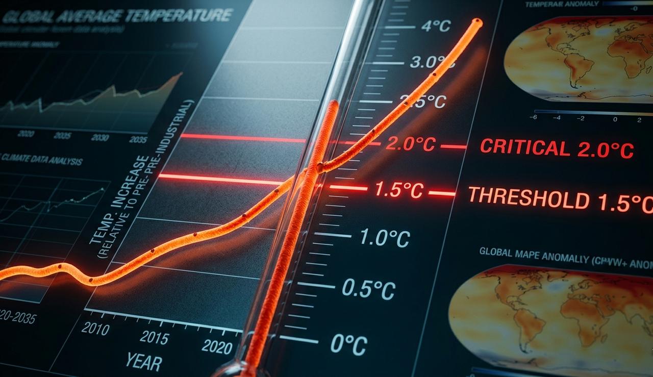 Data visualization displays rising global temperatures, highlighting the critical 1.5°C threshold and the 2.0°C limit in the context of climate change. (Photo generated by Gemini)