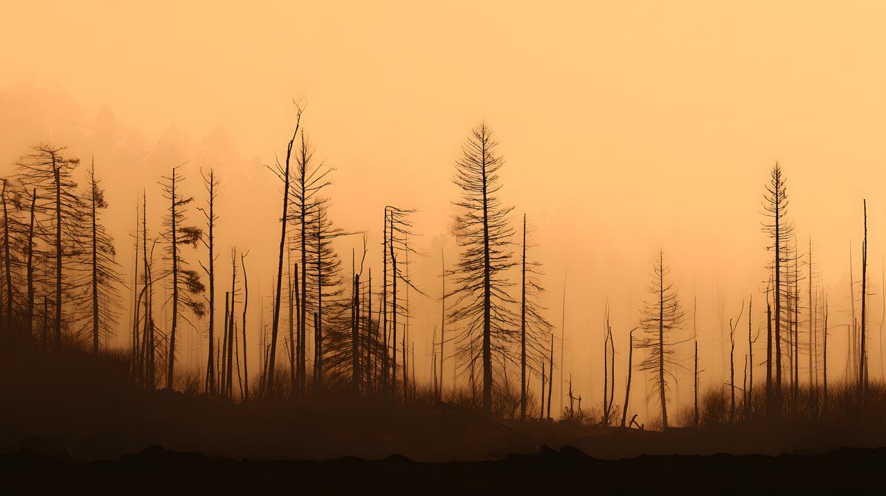 Burned and leafless trees stand in a wildfire-affected forest landscape. (Adobe Stock Photo)