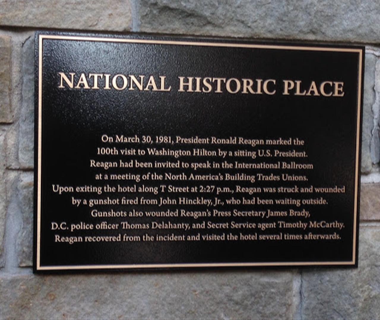 Plaque at the Site of 1981 Reagan Assassination Attempt in Washington Hilton, accessed on April 26, 2026. (Photo via Read the Plaque)