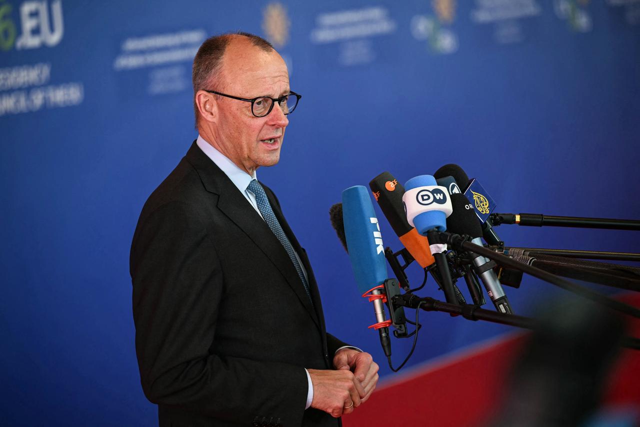 Germany's Chancellor Friedrich Merz speaks to journalists as he arrives for an informal meeting of the European Council in Nicosia, Greek Cyprus on April 24, 2026. (AFP Photo)