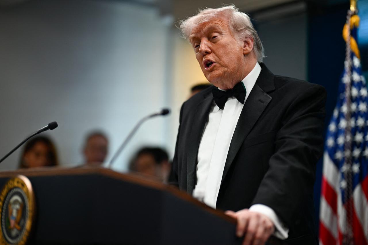 US President Donald Trump speaks during a press briefing in the Brady Briefing Room at the White House in Washington, DC, shortly after a shooting incident at the White House Correspondents’ Dinner on April 25, 2026. (AFP Photo)