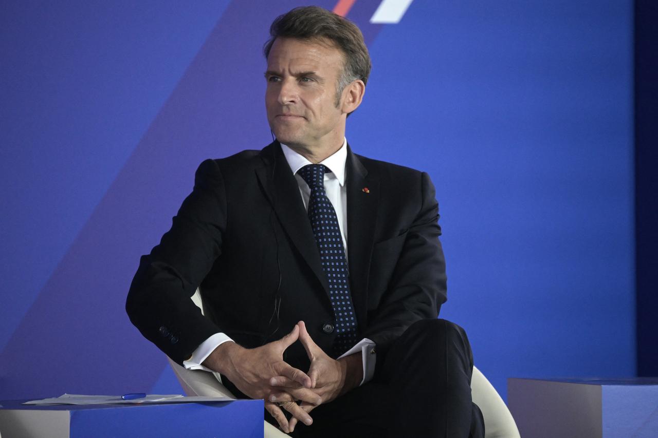 France's President Emmanuel Macron attends the Franco-Greek Economic Forum at the Stavros Niarchos foundation in Athens, Greece, April 25, 2026. (AFP Photo)