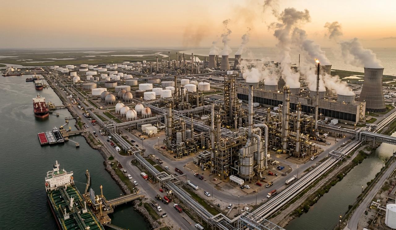 An oil refinery complex with storage tanks and smokestacks emitting fumes is seen near a coastline (Photo generated by Gemini)