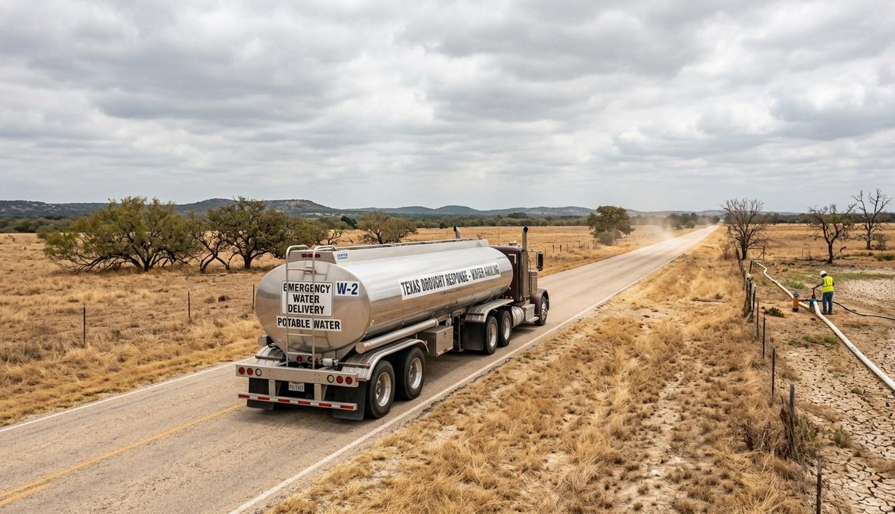 A water tanker truck delivers potable water along a dry rural road as a worker pumps water in a drought-affected area (Photo generated by Gemini)