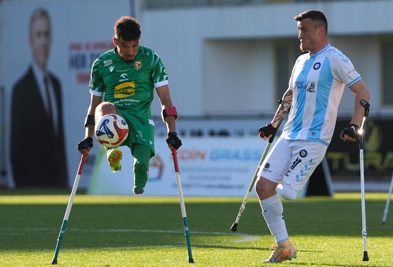 Kemal Gules (R) of Baskent Ampute Futbol in action against Elhafta Mohammed (L) of Slask Wroclaw during European Amputee Football Championship match between Baskent Ampute Futbol and Slask Wroclaw at Etimesgut Municipality Ataturk Stadium in Ankara, Türkiye, April 25, 2026. (AA Photo)