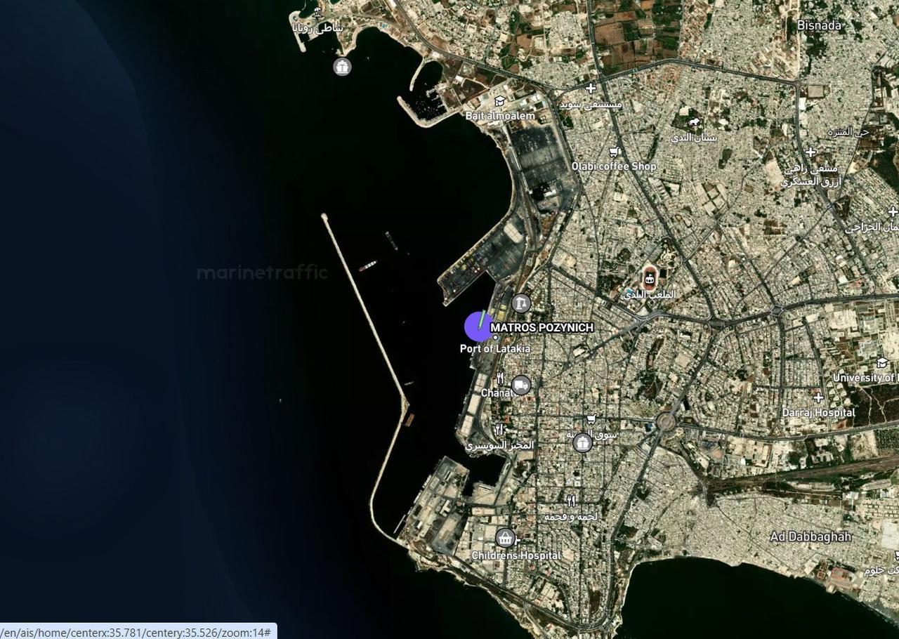Russian ship Matros Pozynich carrying grain from occupied territories in Ukraine is docked at Latakia's port on April 24. (Source: Marine Traffic)