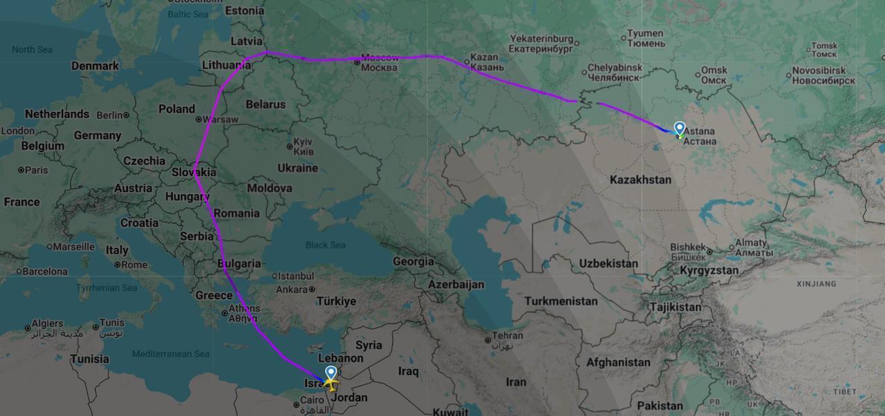 The map shows the route of Israeli President Isaac Herzog's El Al flight LY91 to Astana from Tel Aviv on April 27, 2026. (Photo via flightradar24)
