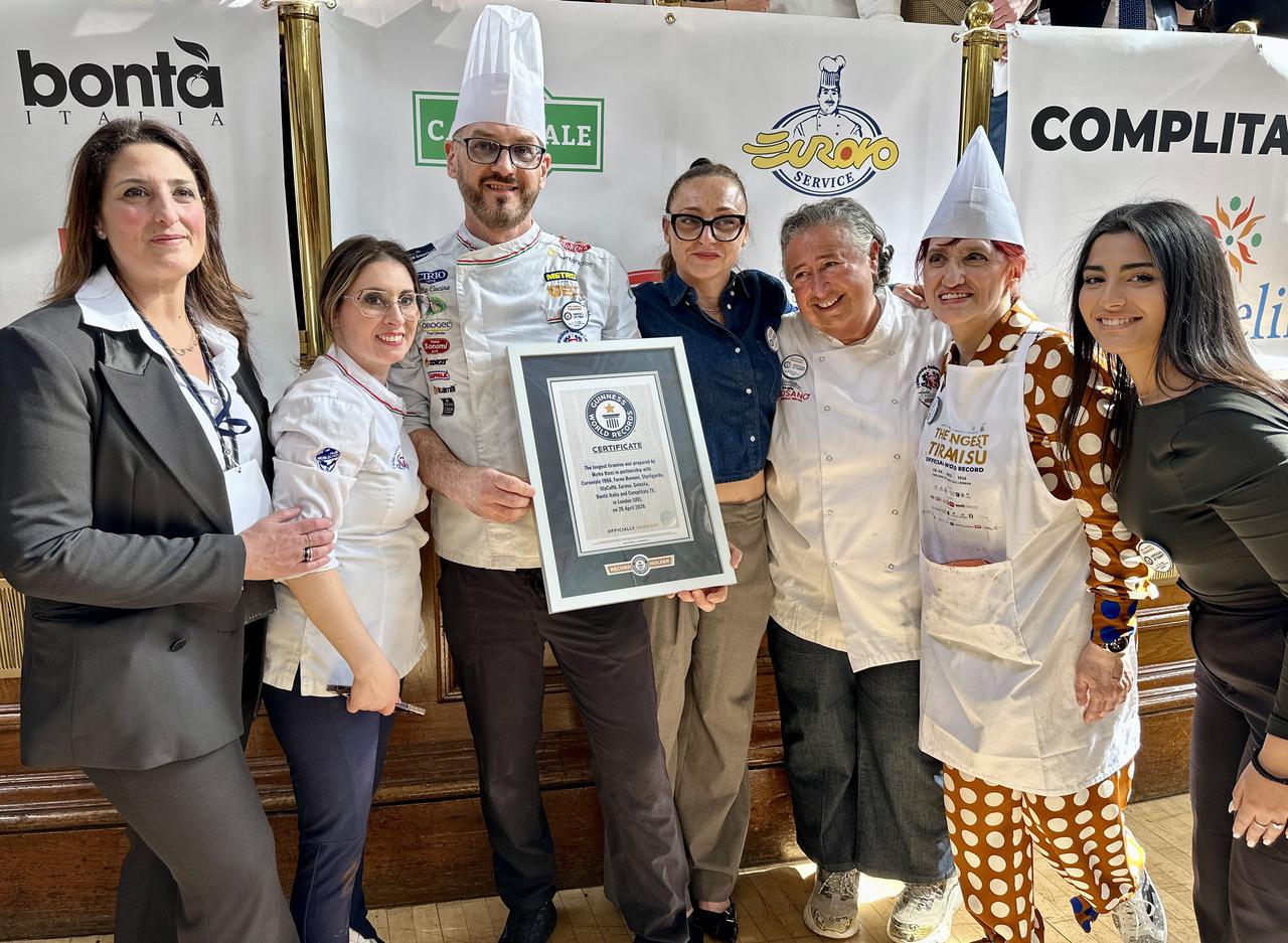 A record-breaking tiramisu, measuring 440.58 meters, is displayed at Chelsea Old Town Hall in London, United Kingdom, April 26, 2026. (AA Photo)