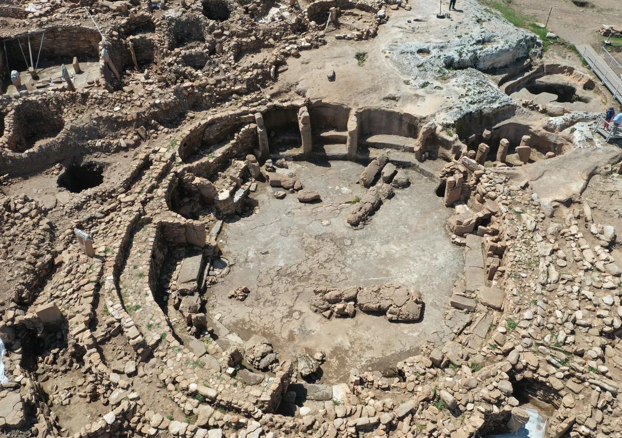 An aerial view shows a circular structure at the Karahantepe archaeological site in Sanliurfa, Türkiye, April 27, 2026. (AA Photo)
