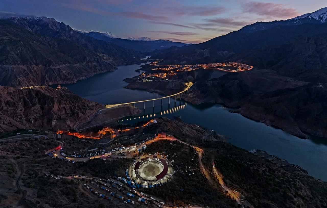An aerial view shows the Orman Park Bullfighting Arena during the Yusufeli Traditional Derekapi Bullfighting Festival in Yusufeli district of Artvin, Türkiye, April 26, 2026. (AA Photo)