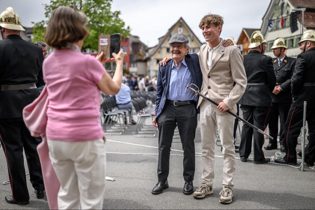 Citizens vote by raising their hands during the Landsgemeinde, a traditional public, non-secret ballot conducted by majority rule, in Appenzell, eastern Switzerland, on April 26, 2026. (AFP Photo)