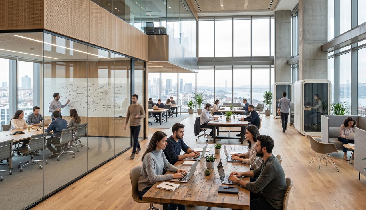 Employees work in a modern open-plan office overlooking Istanbul in an undated AI-generated image. (Photo generated by Gemini)