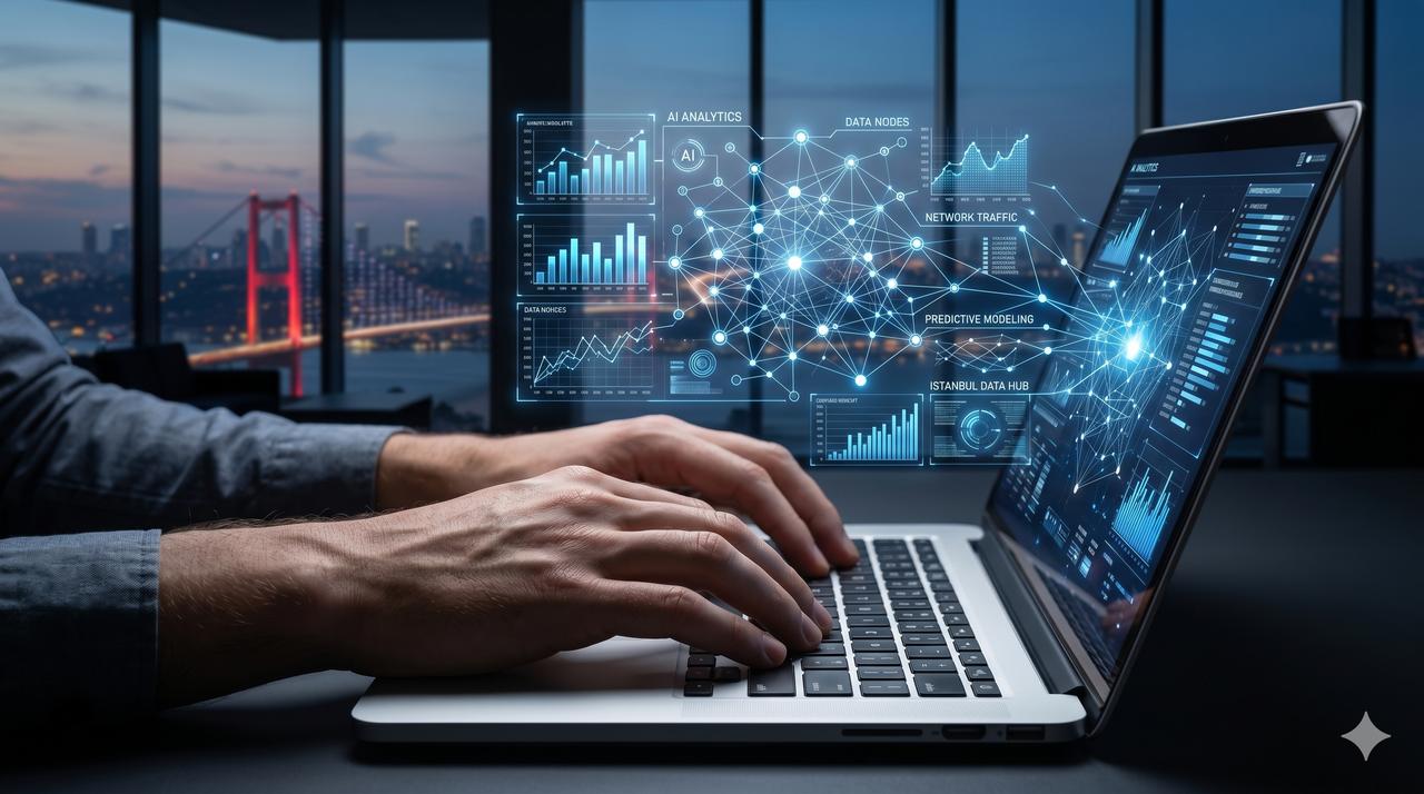 Hands type on a laptop displaying AI analytics dashboards with Istanbul’s Bosphorus Bridge in the background in an undated AI-generated image. (Photo generated by Gemini)