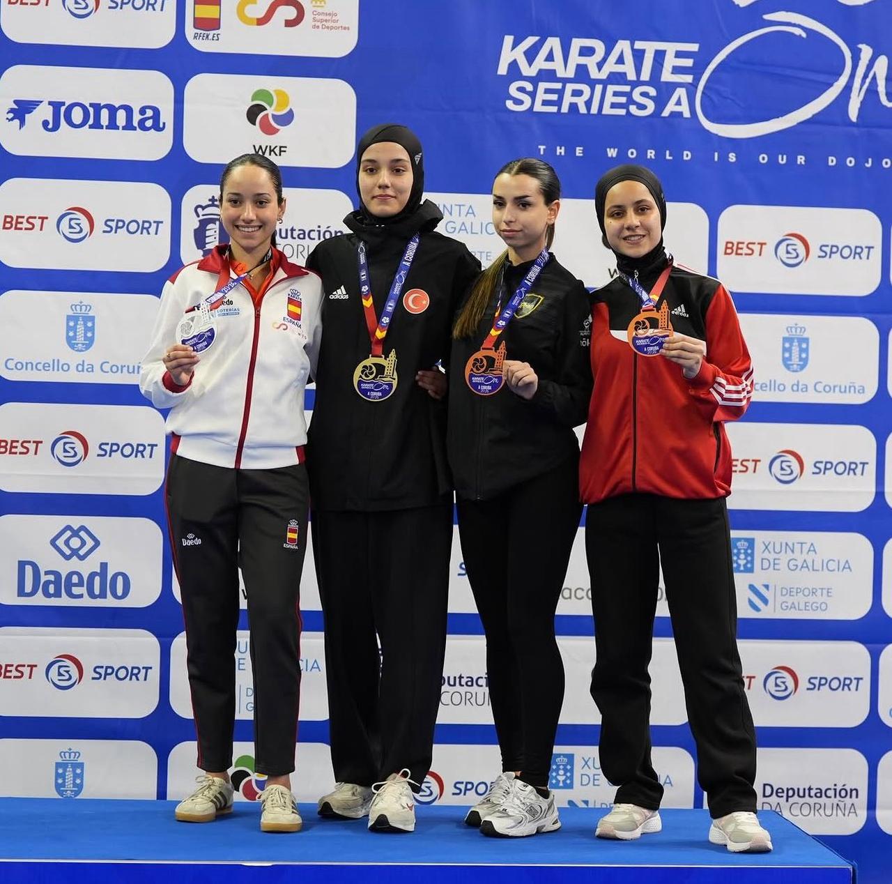 From left, Keyda Nur Çolak, Ayşe Yılmaz, Hayrulnisa Çığırdık and Esra Çelik pose with their medals at the Karate One Series A tournament in A Coruna, Spain, in an undated handout photo. (Photo via X / @Karateturk)