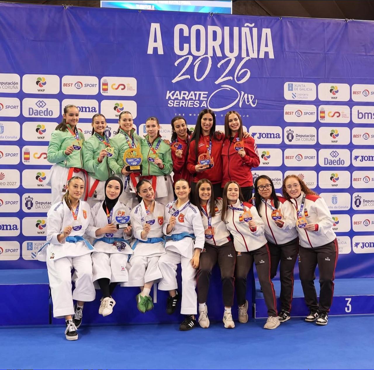 Turkish national karate athletes pose with their medals at the Karate One Series A tournament in A Coruna, Spain, in an undated handout photo. (Photo via X / @Karateturk)