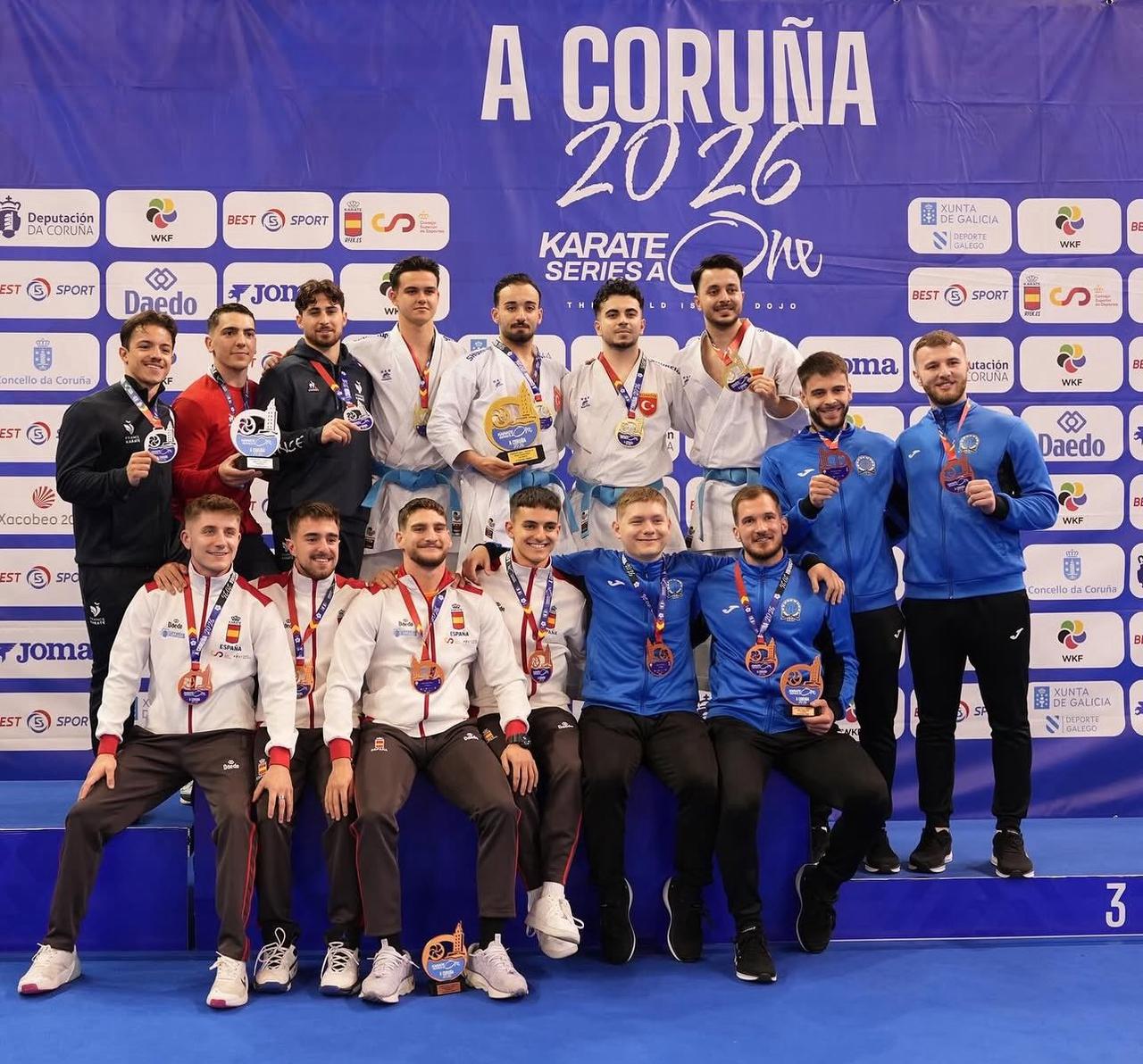 Turkish national karate athletes pose with their medals at the Karate One Series A tournament in A Coruna, Spain, in an undated handout photo. (Photo via X / @Karateturk)