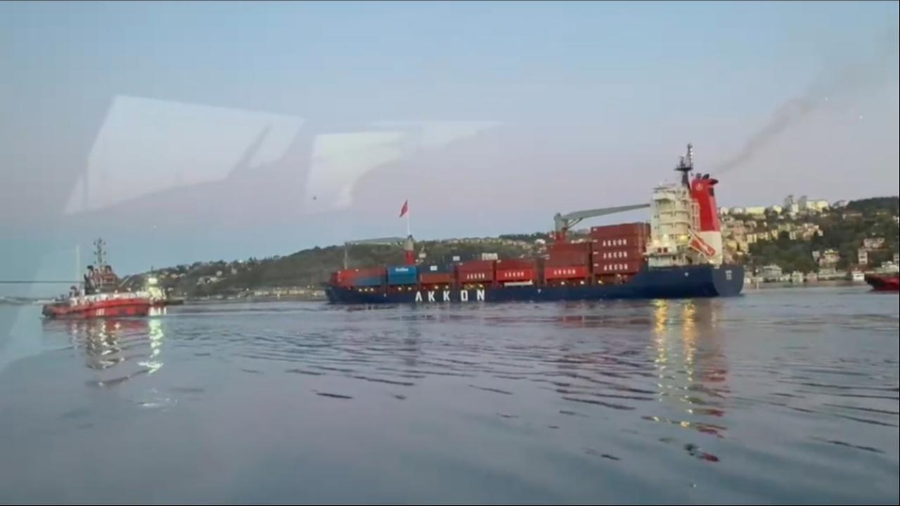 The container ship KAPPA is seen under tow by coastal safety vessels after running aground off Yenikoy in Istanbul, Türkiye, April 28, 2026. (IHA Photo)