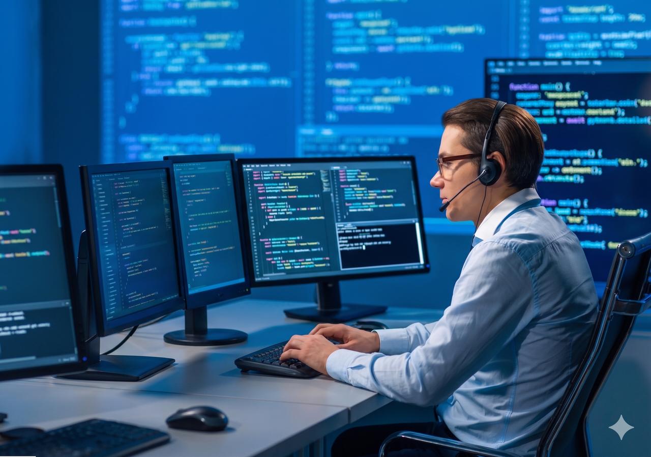 An AI-generated image shows a man working at a multi-screen computer setup displaying lines of code in a modern office. (Photo generated by Gemini)