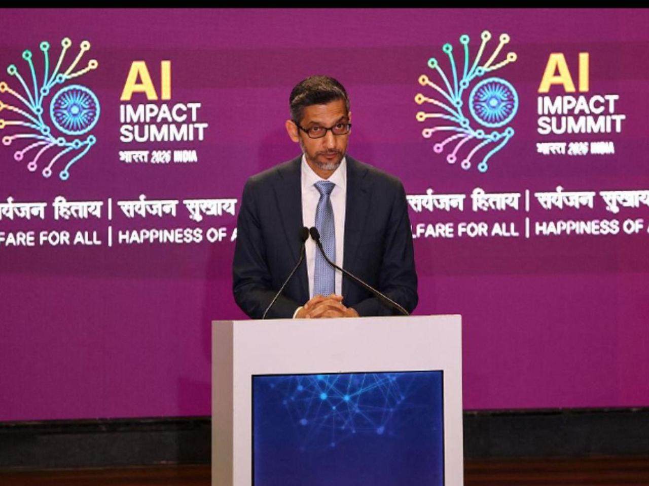 Google CEO Sundar Pichai delivers a speech during the AI Impact Summit in New Delhi on February 19, 2026. (AFP Photo)