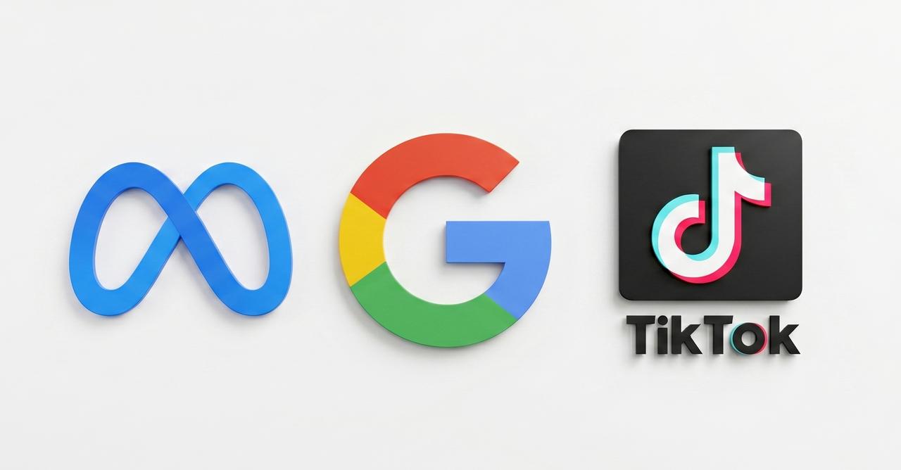 An illustration shows the logos of Meta, Google and TikTok. (Photo generated by Gemini)