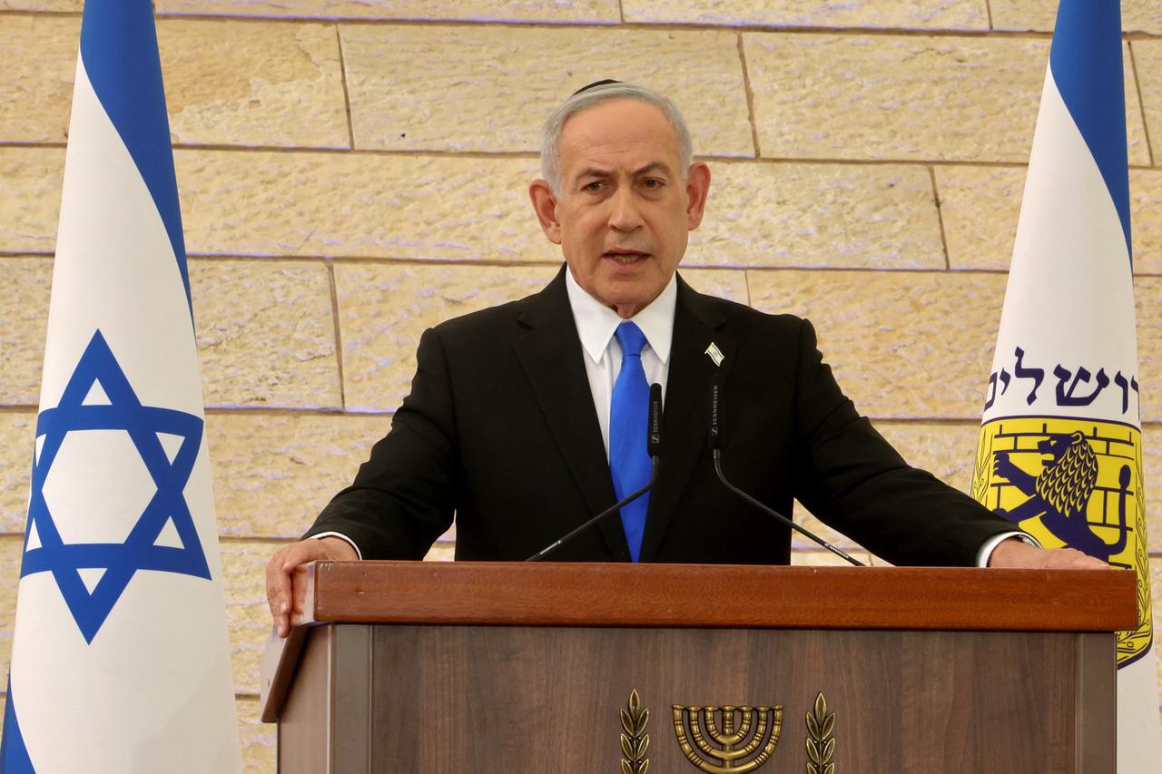 Israeli Prime Minister Benjamin Netanyahu speaks during the annual ceremony on the eve of Israel's Remembrance Day for fallen soldiers (Yom HaZikaron) at the Yad LaBanim Memorial in Jerusalem, Israel, April 20, 2026. (AFP Photo)