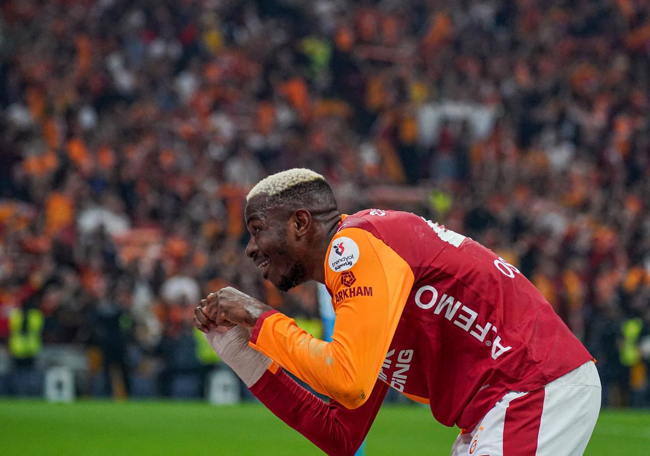 Galatasaray's Victor Osimhen celebrates after scoring a goal during the Turkish Super Lig week 31 football match between Galatasaray and Fenerbahce at RAMS Park in Istanbul, Türkiye, April 26, 2026. (AA Photo)