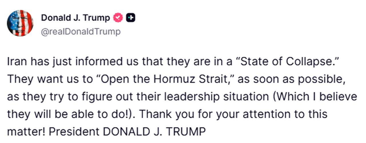 US President Donald Trump's post on Truth Social on April 28, 2026. (Photo via Truth Social)