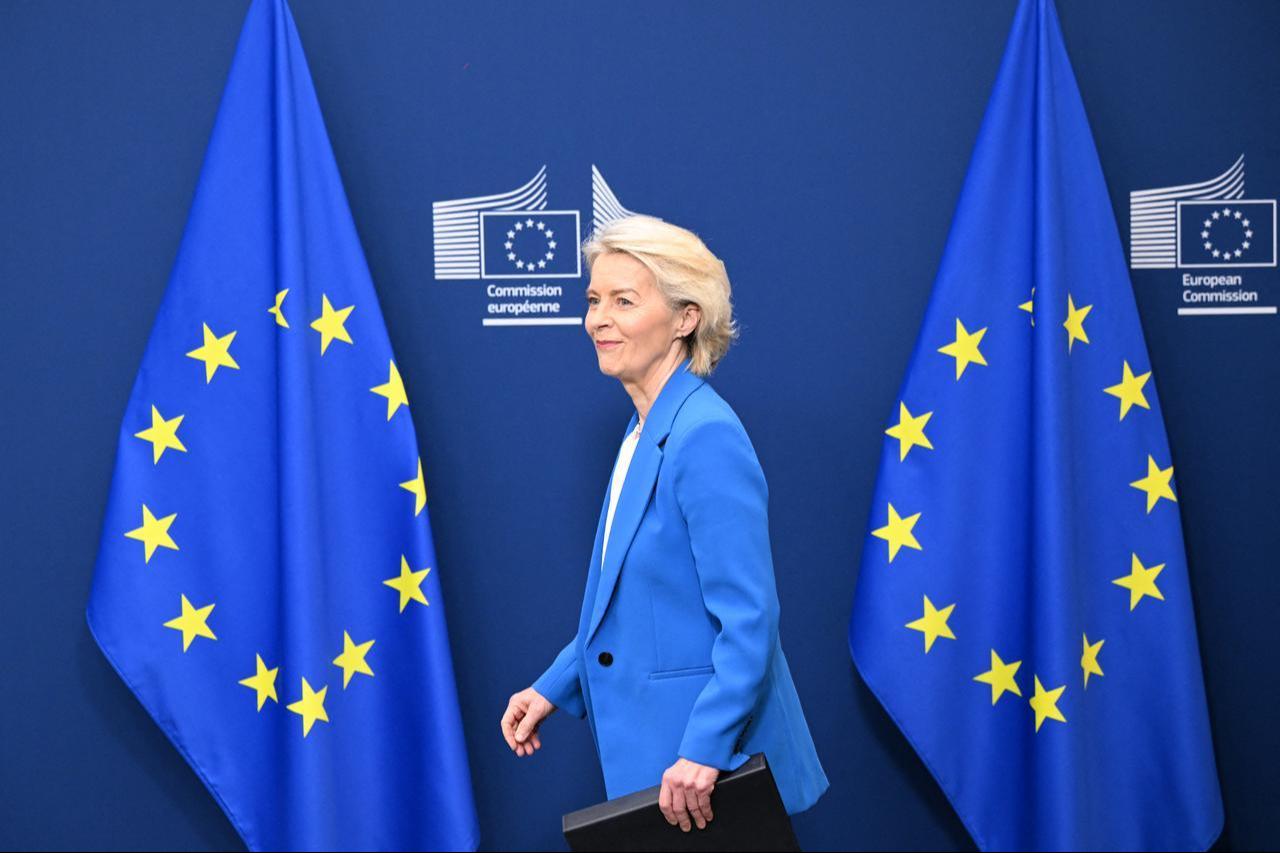 European Commission President Ursula von der Leyen arrives for a press conference at the EU Commission headquarters in Brussels, Belgium, April 13, 2026. (AFP Photo)