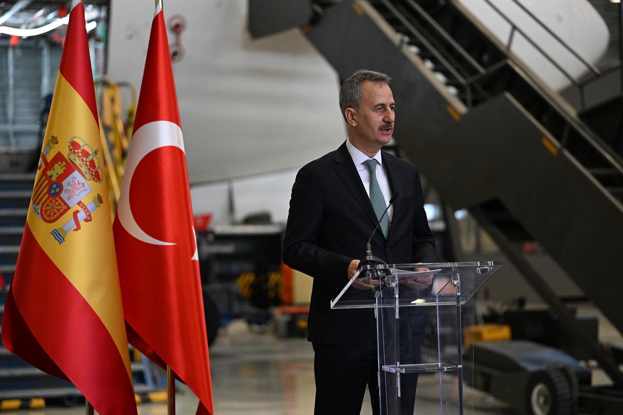 Secretary of Turkish Defense Industries Haluk Gorgun delivers a speech during the signing ceremony for the export of the Hurjet jet trainer to Spain, held at Airbus facilities in Madrid, Spain, April 28, 2026. (AA Photo)