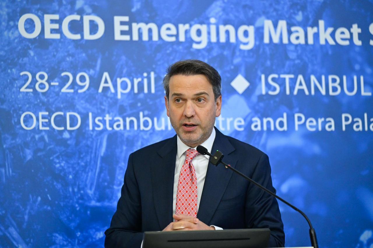Türkiye’s Energy and Natural Resources Minister Alparslan Bayraktar delivers a speech during the OECD Critical Minerals Forum at the OECD Istanbul Center in Istanbul, April 28, 2026. (AA Photo)
