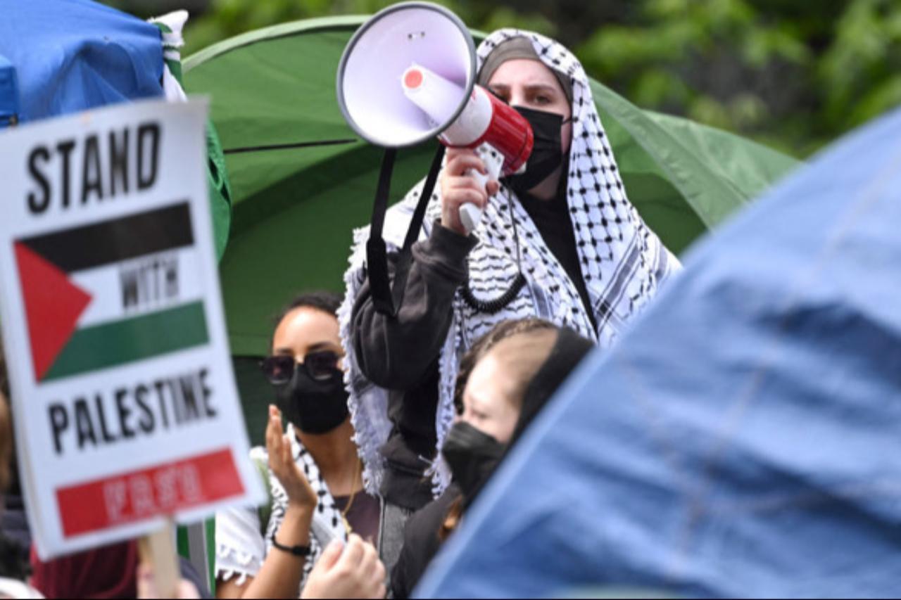 Pro-Palestinian students and activists demonstrate at George Washington University on April 25, 2024, in Washington, DC. (AFP)
