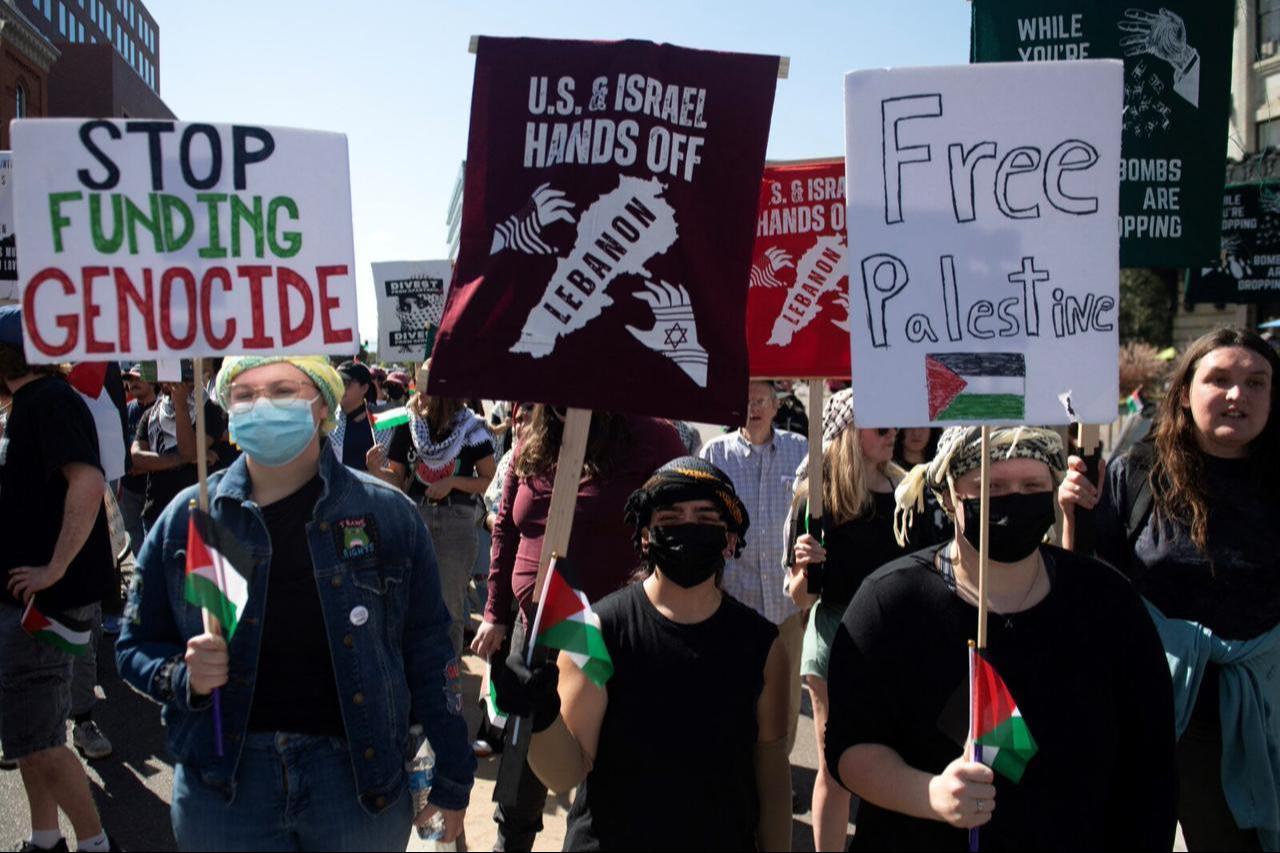 Pro-Palestinian demonstrators march on the first anniversary of the Hamas-led surprise attack on Israel in Denver, Colorado, on Oct. 7, 2024. (AFP Photo)