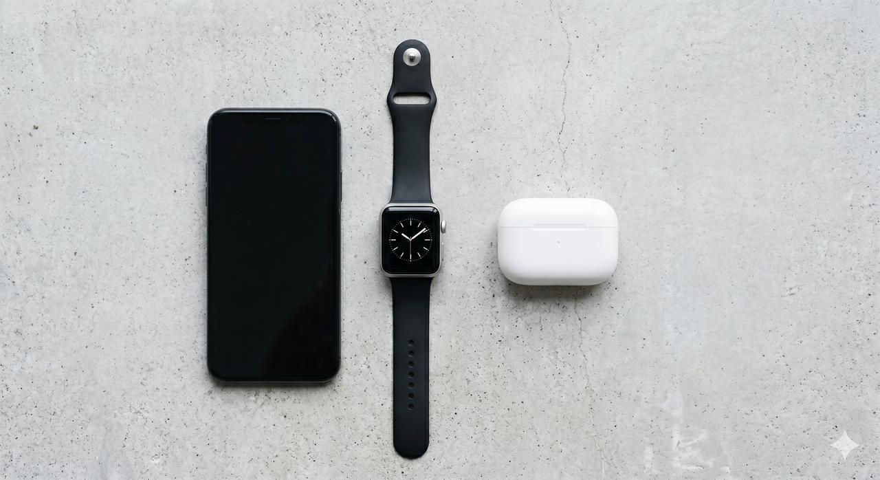 An AI-generated image shows a smartphone, smartwatch and wireless earbuds arranged on a gray surface. (Photo generated by Gemini)