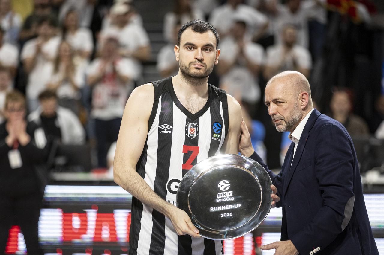 Yigit Arslan of Besiktas seen at the end of the final EuroCup basketball match between Besiktas GAIN and Cosea JL Bourg at the Ekinox in Bourg-en-Bresse France, April 28, 2026. (AA Photo)