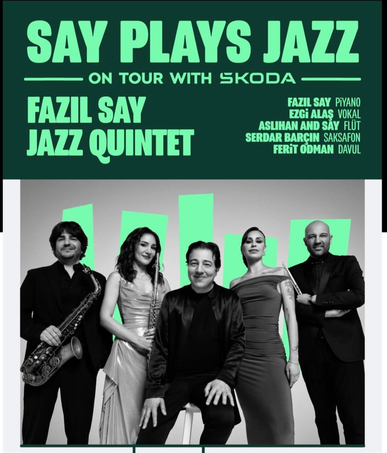 Fazil Say, Ezgi Alas, Aslihan And Say, Serdar Barcin and Ferit Odman pose ahead of the “Say Plays Jazz on Tour with Skoda” Türkiye tour, April 29, 2026. (Photo via Instagram / @fazilsay)