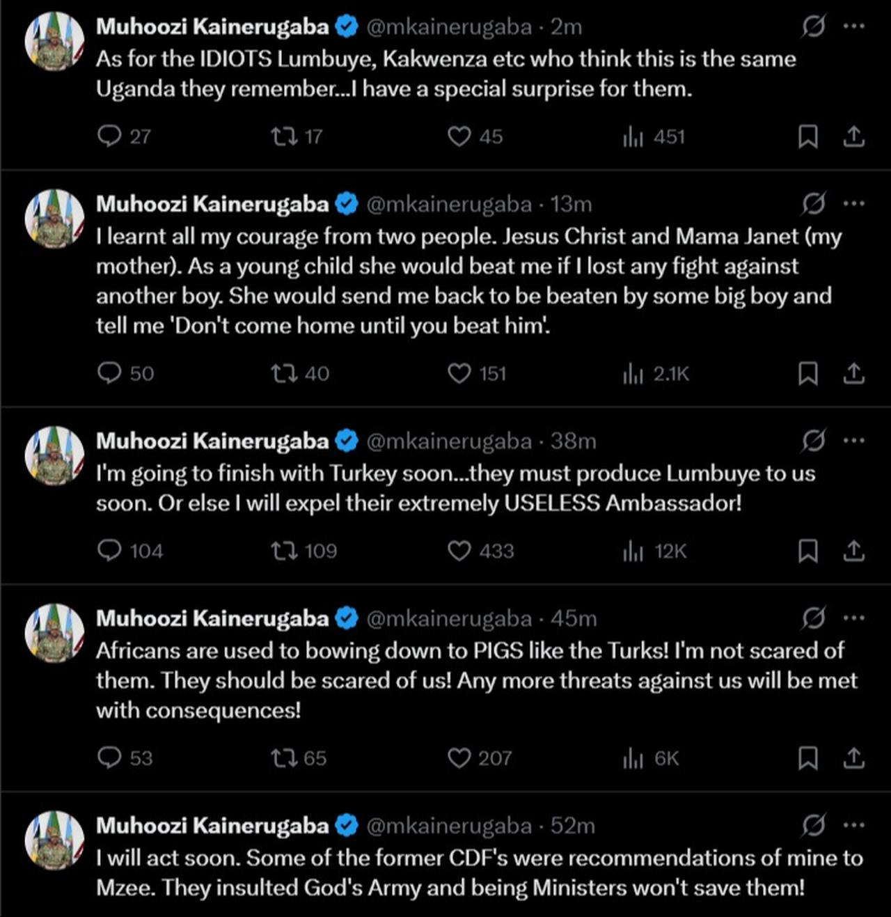 A screenshot shows a series of posts by Muhoozi Kainerugaba on X on April 29, 2026. (Image via X/@mkainerugaba)